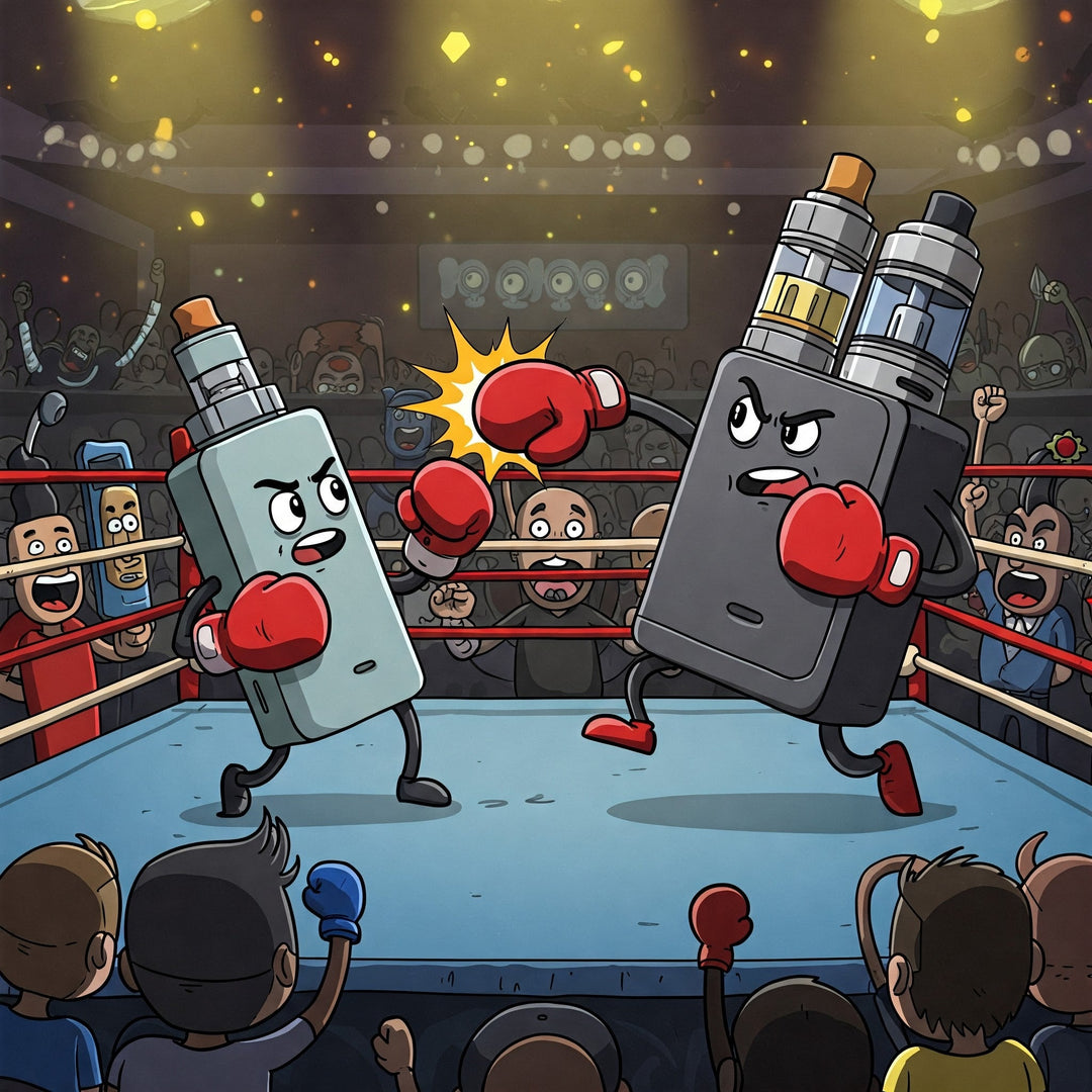 Cartoon image of a single vape cart battery boxing a dual cart battery in a boxing ring