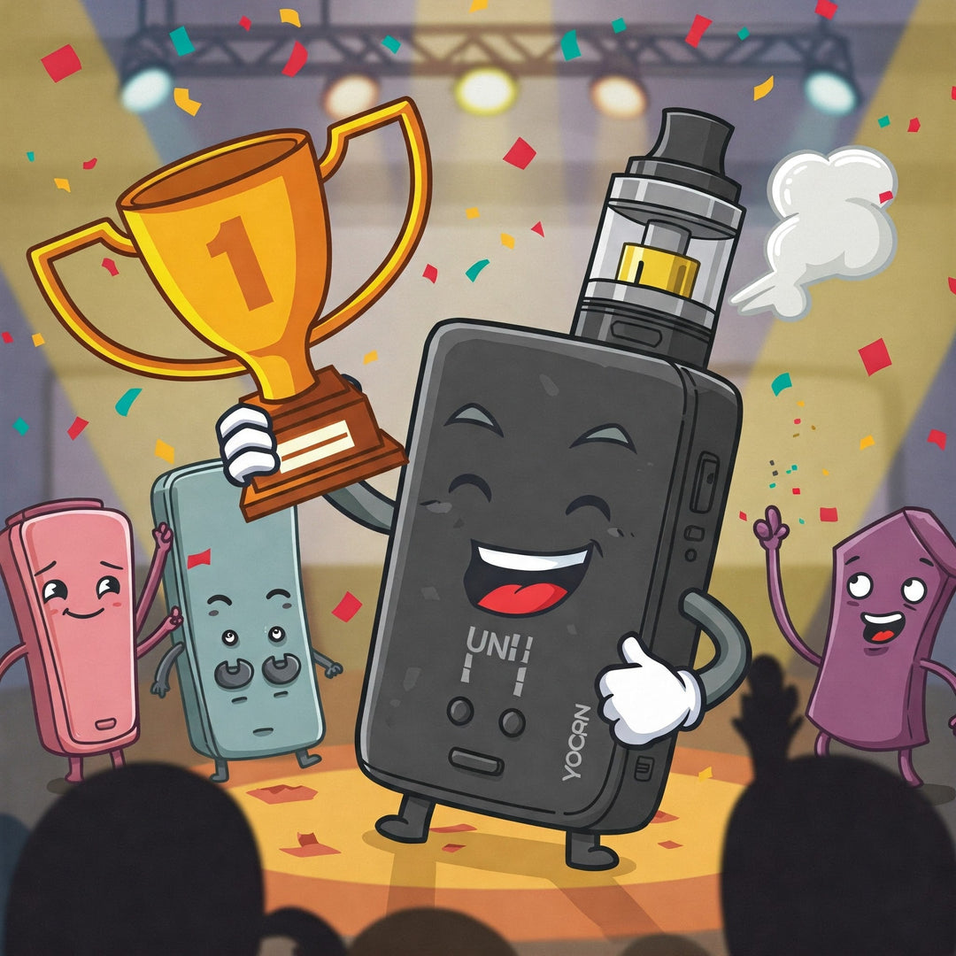 Cartoon image of the Yocan Uni Pro winning a first place trophy