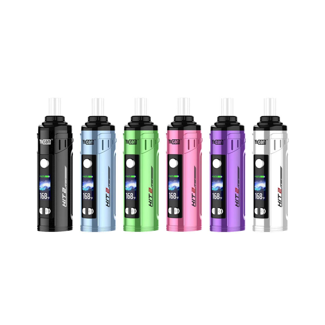 The Yocan Hit 2 Dry Herb Vaporizer in various colors including black, blue, green, pink, purple, and silver.
